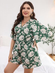 Jumpsuits Plus Size Thắt lưng Trọn gói Hoa Tất cả trên in Boho - màu xanh lá - Xem 4