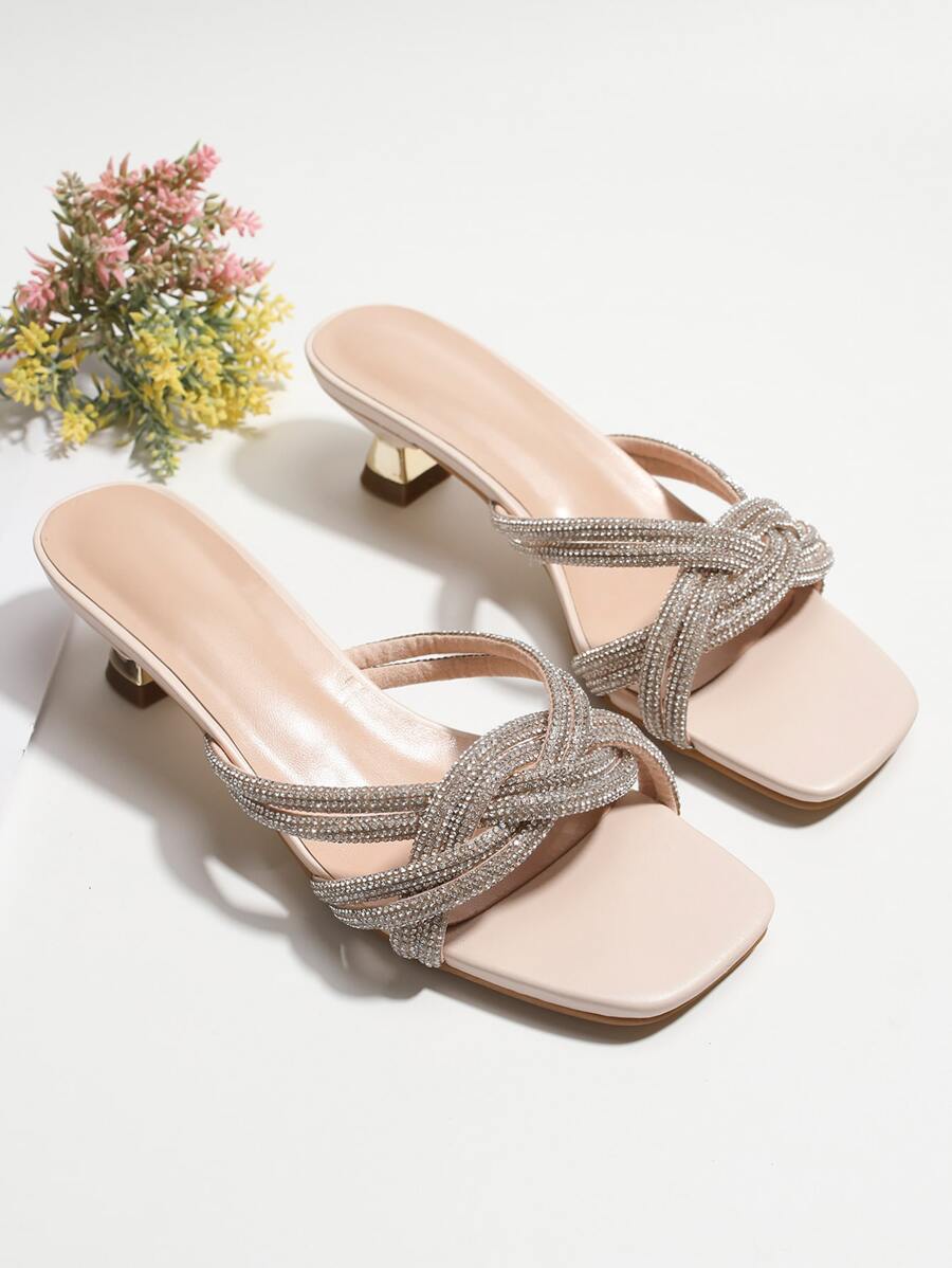 Women Rhinestone Decor Pyramid Heeled Mule Sandals, Glamorous Party Heeled Sandals