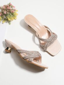 Women Rhinestone Decor Pyramid Heeled Mule Sandals, Glamorous Party Heeled Sandals