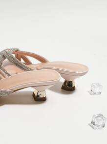 Women Rhinestone Decor Pyramid Heeled Mule Sandals, Glamorous Party Heeled Sandals