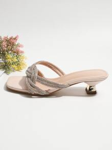 Women Rhinestone Decor Pyramid Heeled Mule Sandals, Glamorous Party Heeled Sandals