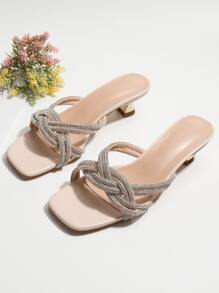 Women Rhinestone Decor Pyramid Heeled Mule Sandals, Glamorous Party Heeled Sandals