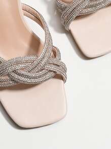 Women Rhinestone Decor Pyramid Heeled Mule Sandals, Glamorous Party Heeled Sandals