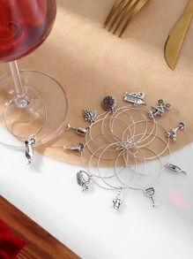 12pcs Ring & Pendant Wine Glass Charms For Party, Gathering - Silver - View 5