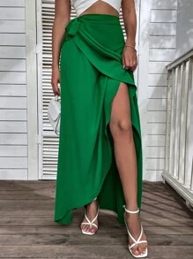 Tie Side Maxi Wrap Skirt - Green - View 3