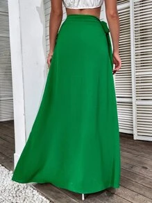 Tie Side Maxi Wrap Skirt - Green - View 2