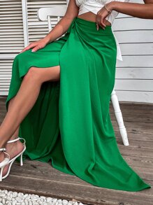 Tie Side Maxi Wrap Skirt - Green - View 5