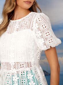 SHEIN Áo sơ mi nữ Viên lá sen cắt màu trơn Boho - trắng - Xem 6