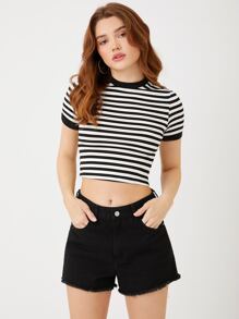 SHEIN EZwear Summer Outfits Two Tone Striped Crop Tee - Black and White - View 5