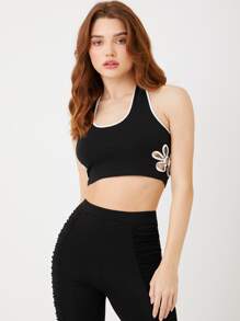 SHEIN Unity Contrast Binding Floral Cut Out Halter Top - Black - View 5