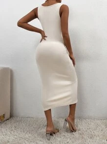SHEIN PETITE 前扭結鏤空緊身連衣裙 - 米色 - 查看 2