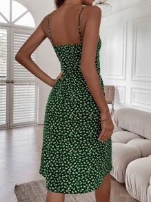 SHEIN Unity Đầm Tách cao Nếp gấp Phần Ngực Họa tiết hoa Boho - Màu xanh lá cây đậm - Xem 2