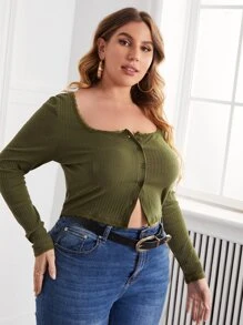 SHEIN Essnce Plus Button Placket Lace Trim Rib-Knit Top T-Shirt - Army Green - View 5