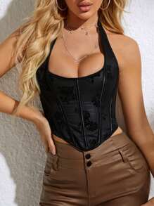 Apperloth A Áo croptop hở lưng cổ chữ V buộc dây, chất liệu nhung họa tiết hoa, tôn dáng, gợi cảm, thích hợp cho lễ hội âm nhạc. - màu đen - Xem 1