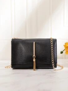 鱷魚壓紋流蘇裝飾翻蓋盒型包 - 黑色 - 查看 1