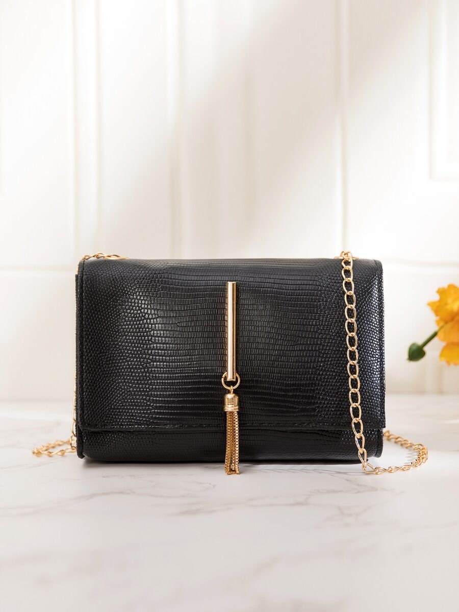 鱷魚壓紋流蘇裝飾翻蓋盒型包 - 黑色 - 查看 1