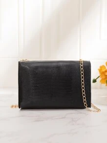 鱷魚壓紋流蘇裝飾翻蓋盒型包 - 黑色 - 查看 3