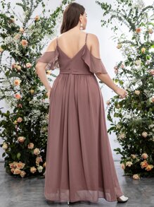 SHEIN Belle 大碼挖肩褶皺拼塊荷葉邊雪紡伴娘洋裝 - 紅木色 - 查看 2