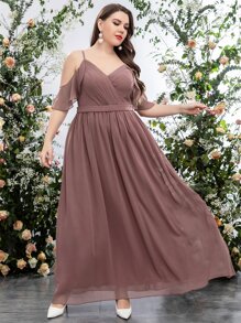 SHEIN Belle 大碼挖肩褶皺拼塊荷葉邊雪紡伴娘洋裝 - 紅木色 - 查看 3