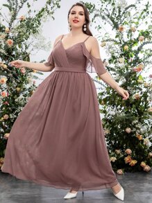 SHEIN Belle 大碼挖肩褶皺拼塊荷葉邊雪紡伴娘洋裝 - 紅木色 - 查看 4