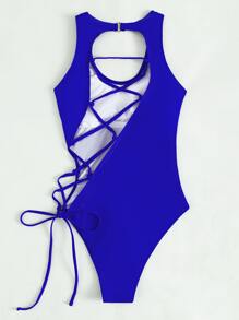 SHEIN Swim Summer Beach Lace-Up One Piece Swimsuit - Royal Blue - View 2