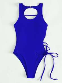 SHEIN Swim Summer Beach Lace-Up One Piece Swimsuit - Royal Blue - View 4