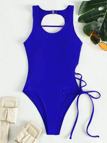 SHEIN Swim Summer Beach Lace-Up One Piece Swimsuit - Royal Blue - View 5