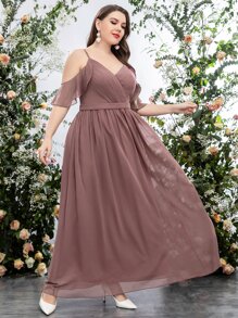 SHEIN Belle 大碼挖肩褶皺拼塊荷葉邊雪紡伴娘洋裝 - 紅木色 - 查看 7