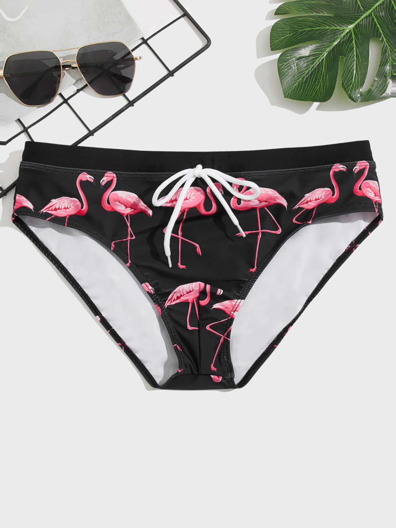 Manfinity Men Flamingo Print Knot Waist Swim Brief - Black - View 1