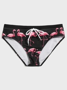 Manfinity Men Flamingo Print Knot Waist Swim Brief - Black - View 3
