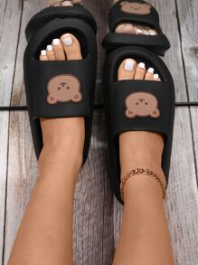 Women's College Style Plastic Slippers With Cartoon Bear Decorations - Black - View 1