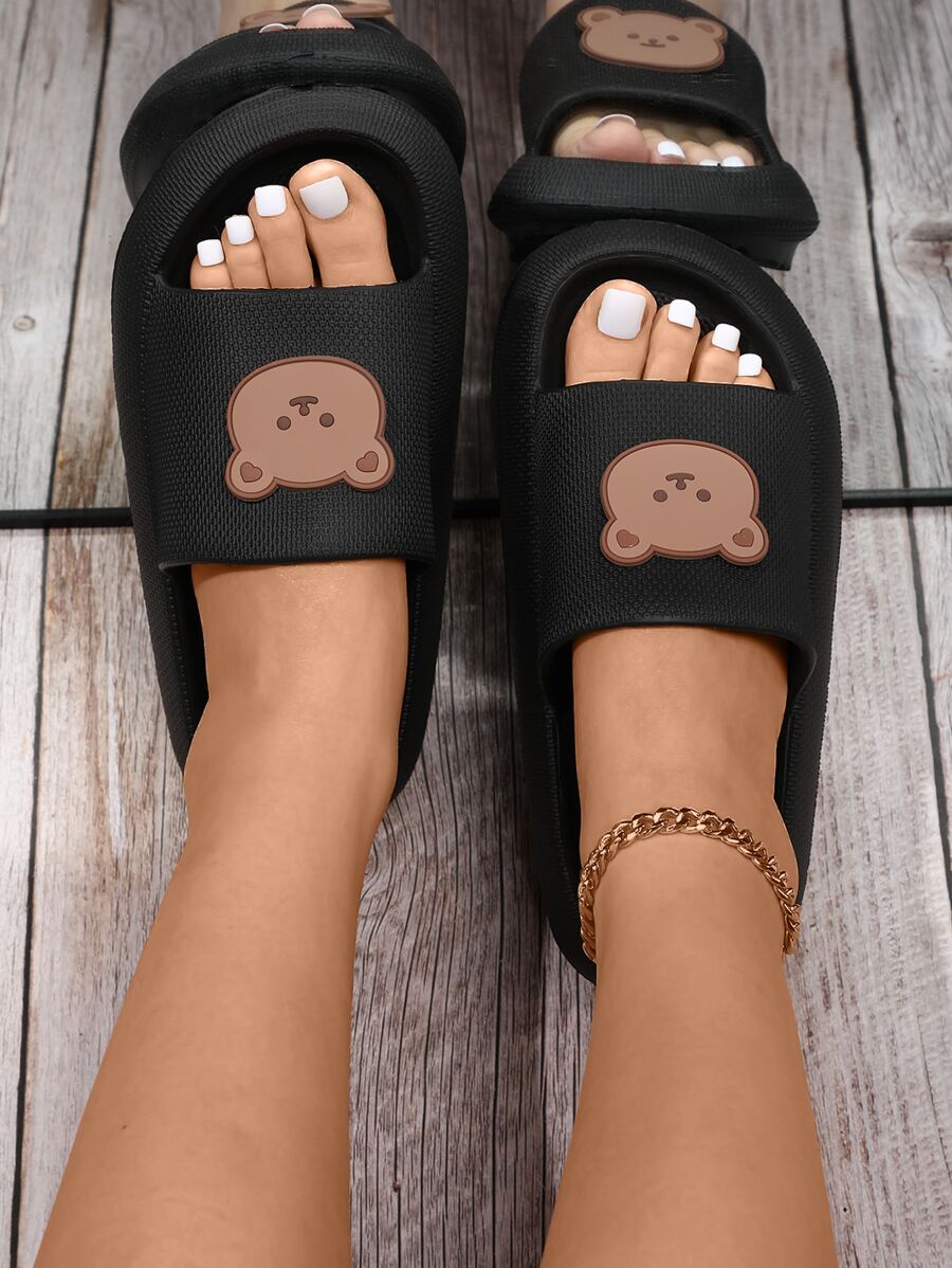 Women's College Style Plastic Slippers With Cartoon Bear Decorations - Black - View 1