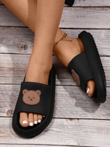Women's College Style Plastic Slippers With Cartoon Bear Decorations - Black - View 2