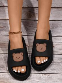 Women's College Style Plastic Slippers With Cartoon Bear Decorations - Black - View 3