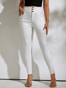 Quần nữ Túi Nút phía trước màu trơn Hấp dẫn - trắng - Xem 4