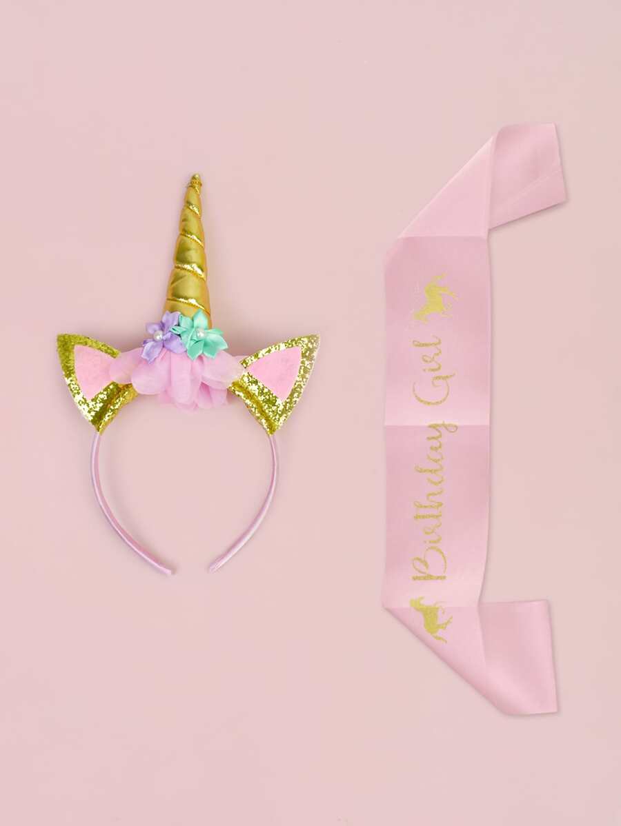 2pcs Birthday Decorative Sash & Hair Hoop - Multicolor - View 1