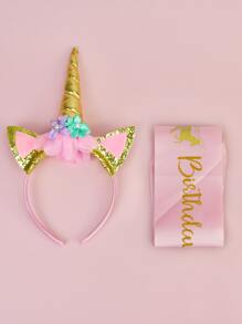 2pcs Birthday Decorative Sash & Hair Hoop - Multicolor - View 2