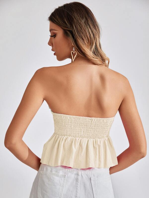 フリルトリム ネクタイフロント シャーリングバック クロップチューブトップ