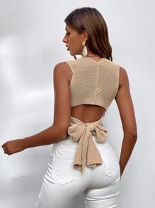 SHEIN Privé Wrap Knot Back Crop Knit Top - Apricot - View 2