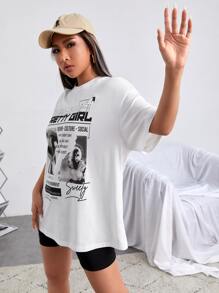 SHEIN EZwear 标语图案落肩 T 恤让每一天都有意义漂亮女孩时尚文化社会每天快乐每一天微笑做自己做最酷的生活是一部电影享受当下纽约市洛杉矶曼哈顿所有好运都隐藏在善良中 The Jevs Socity - 白色 - 查看 4