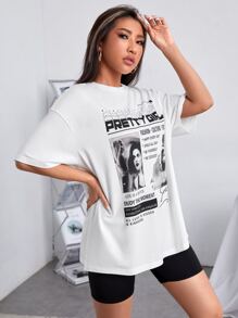 SHEIN EZwear 标语图案落肩 T 恤让每一天都有意义漂亮女孩时尚文化社会每天快乐每一天微笑做自己做最酷的生活是一部电影享受当下纽约市洛杉矶曼哈顿所有好运都隐藏在善良中 The Jevs Socity - 白色 - 查看 5