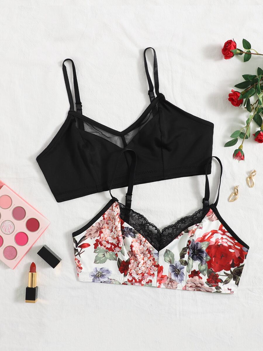 2pcs Floral Print Contrast Lace Crop Cami Top - Multicolor - View 1