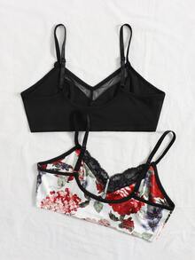 2pcs Floral Print Contrast Lace Crop Cami Top - Multicolor - View 2