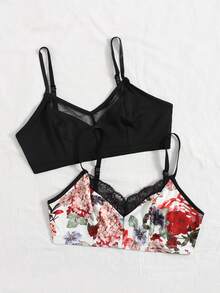 2pcs Floral Print Contrast Lace Crop Cami Top - Multicolor - View 3