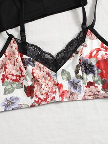 2pcs Floral Print Contrast Lace Crop Cami Top - Multicolor - View 4