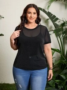SHEIN Plus Sheer Glitter Mesh Top Without Cami - Black - View 1