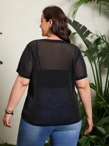 SHEIN Plus Sheer Glitter Mesh Top Without Cami - Black - View 2