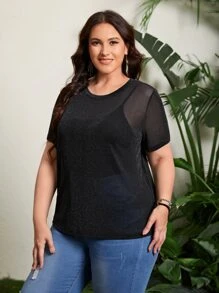 SHEIN Plus Sheer Glitter Mesh Top Without Cami - Black - View 3