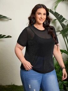 SHEIN Plus Sheer Glitter Mesh Top Without Cami - Black - View 5