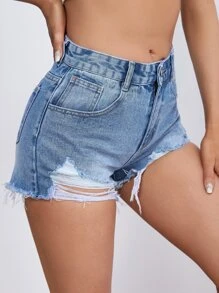 Shorts en mezclilla con lavado ligero bajo crudo - Lavado ligero - Ver 1